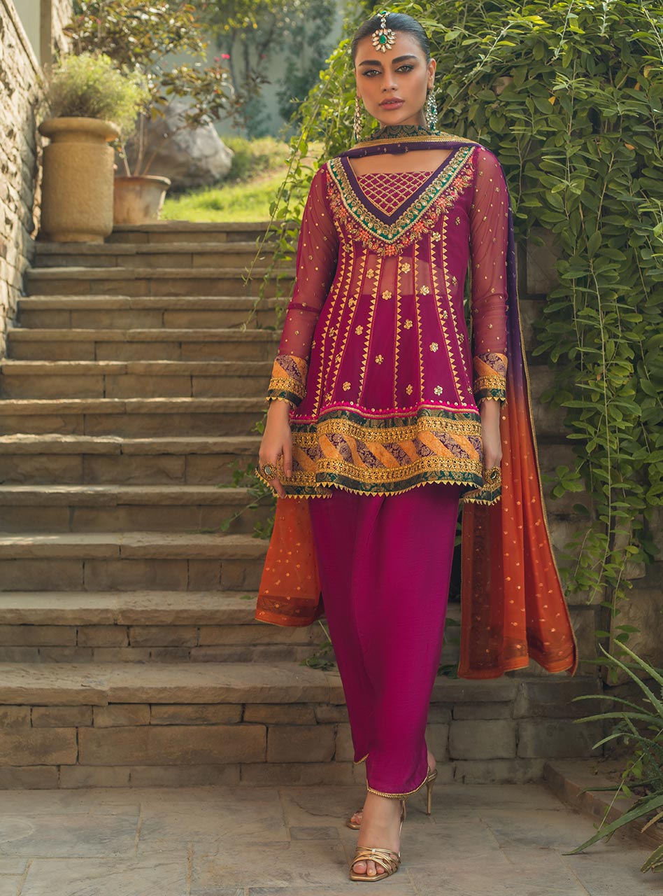 Pakistani Magenta Gota Work Net Peplum (3-Piece) - Image 2
