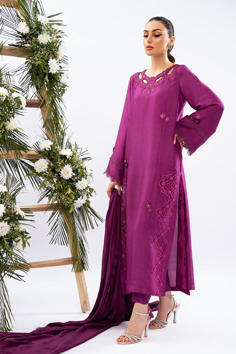 Pakistani Berry Magenta Appliqué Raw Silk Salwar Kameez (3-Piece) - Image 1