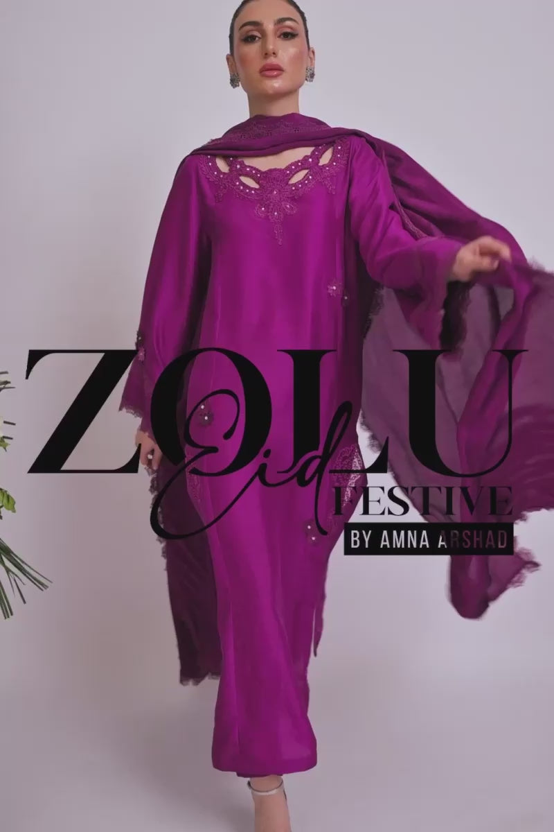 Pakistani Berry Magenta Appliqué Raw Silk Salwar Kameez (3-Piece) - Image 12