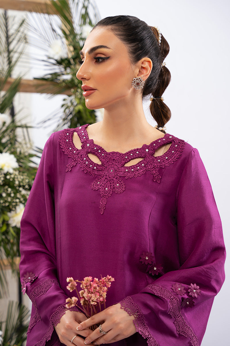 Pakistani Berry Magenta Appliqué Raw Silk Salwar Kameez (3-Piece) - Image 2