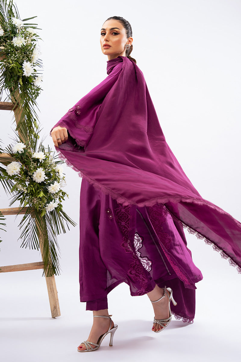 Pakistani Berry Magenta Appliqué Raw Silk Salwar Kameez (3-Piece) - Image 4