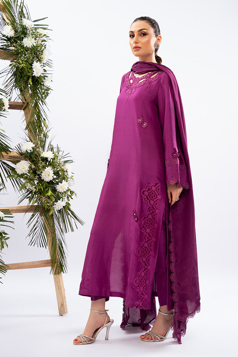 Pakistani Berry Magenta Appliqué Raw Silk Salwar Kameez (3-Piece) - Image 6
