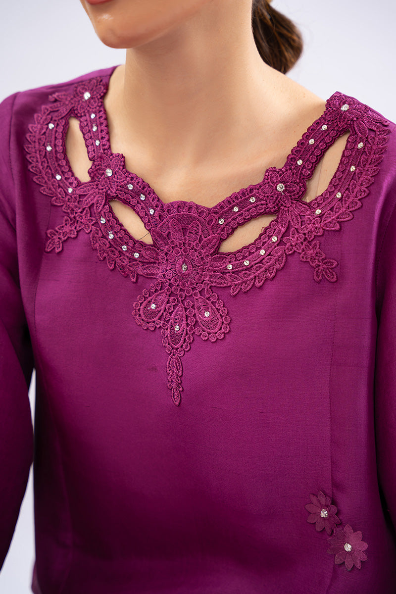 Pakistani Berry Magenta Appliqué Raw Silk Salwar Kameez (3-Piece) - Image 7