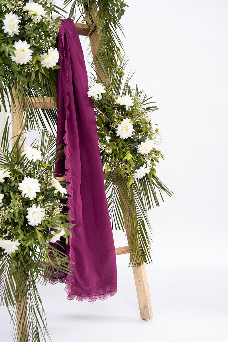 Pakistani Berry Magenta Appliqué Raw Silk Salwar Kameez (3-Piece) - Image 9