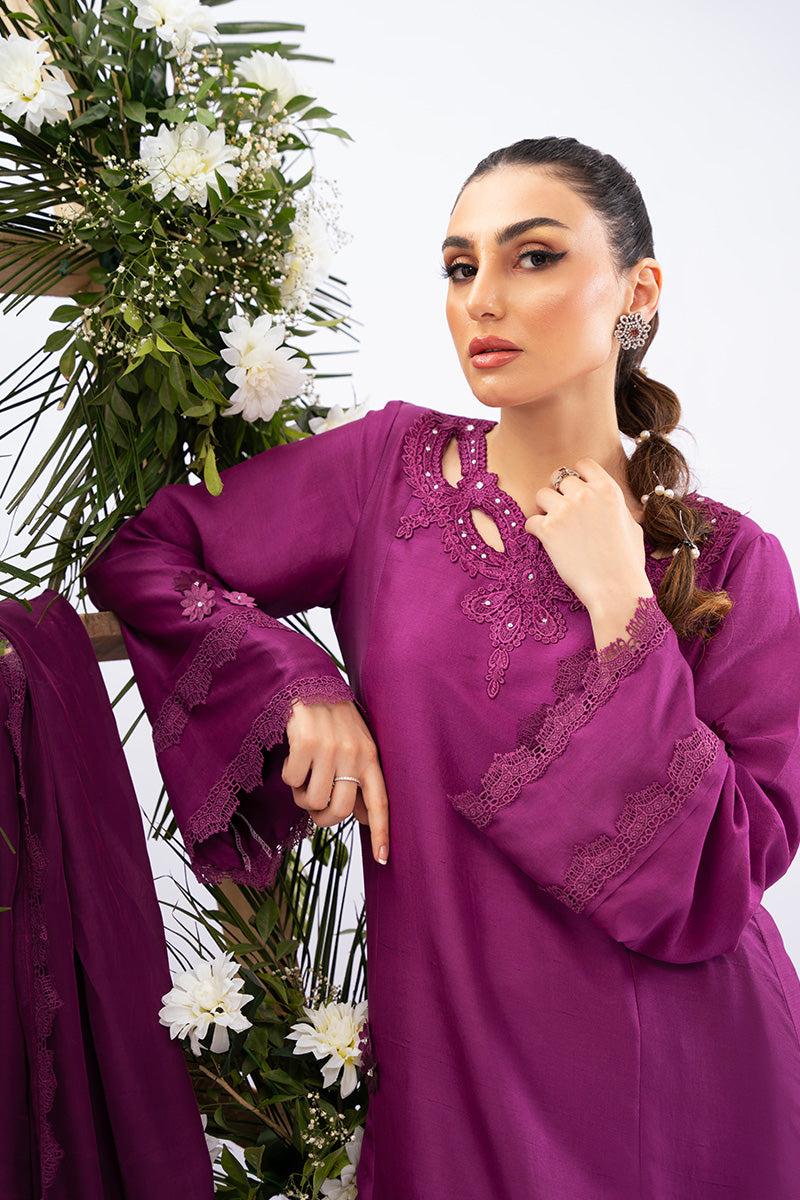 Pakistani Berry Magenta Appliqué Raw Silk Salwar Kameez (3-Piece) - Image 10