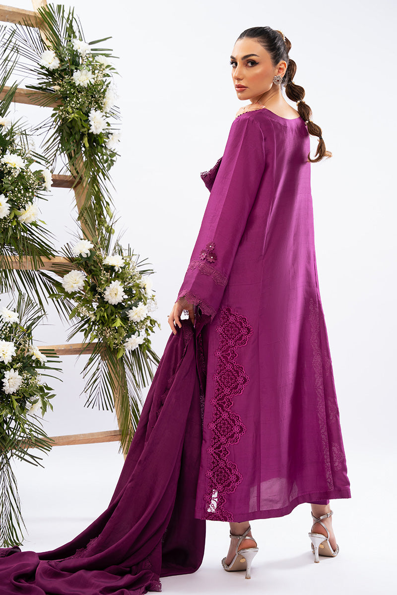 Pakistani Berry Magenta Appliqué Raw Silk Salwar Kameez (3-Piece) - Image 3
