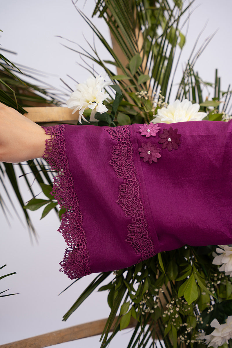 Pakistani Berry Magenta Appliqué Raw Silk Salwar Kameez (3-Piece) - Image 8