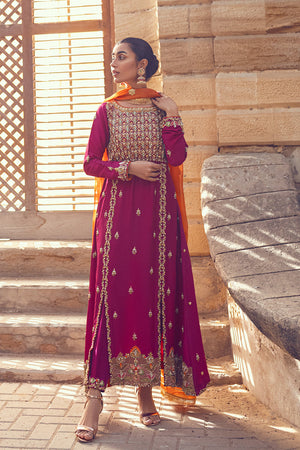 Pakistani Deep Magenta Embroidered Raw Silk Salwar Kameez (3-Piece) - Image 1