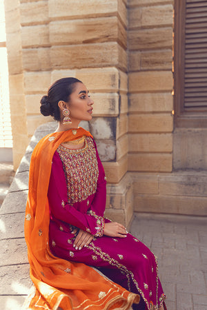 Pakistani Deep Magenta Embroidered Raw Silk Salwar Kameez (3-Piece) - Image 4