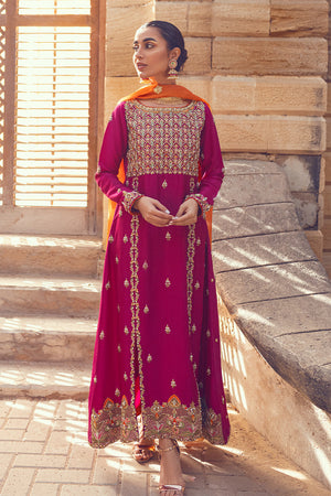 Pakistani Deep Magenta Embroidered Raw Silk Salwar Kameez (3-Piece) - Image 3