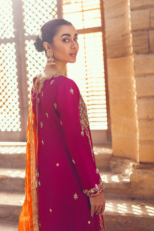 Pakistani Deep Magenta Embroidered Raw Silk Salwar Kameez (3-Piece) - Image 5