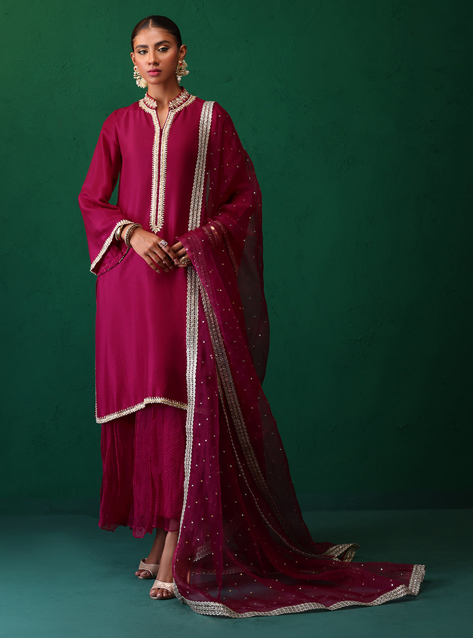 Deep Magenta Sequin Lace Rawsilk Salwar Kameez (3-Piece) - Image 1