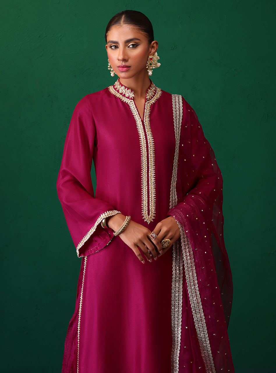 Deep Magenta Sequin Lace Rawsilk Salwar Kameez (3-Piece) - Image 2