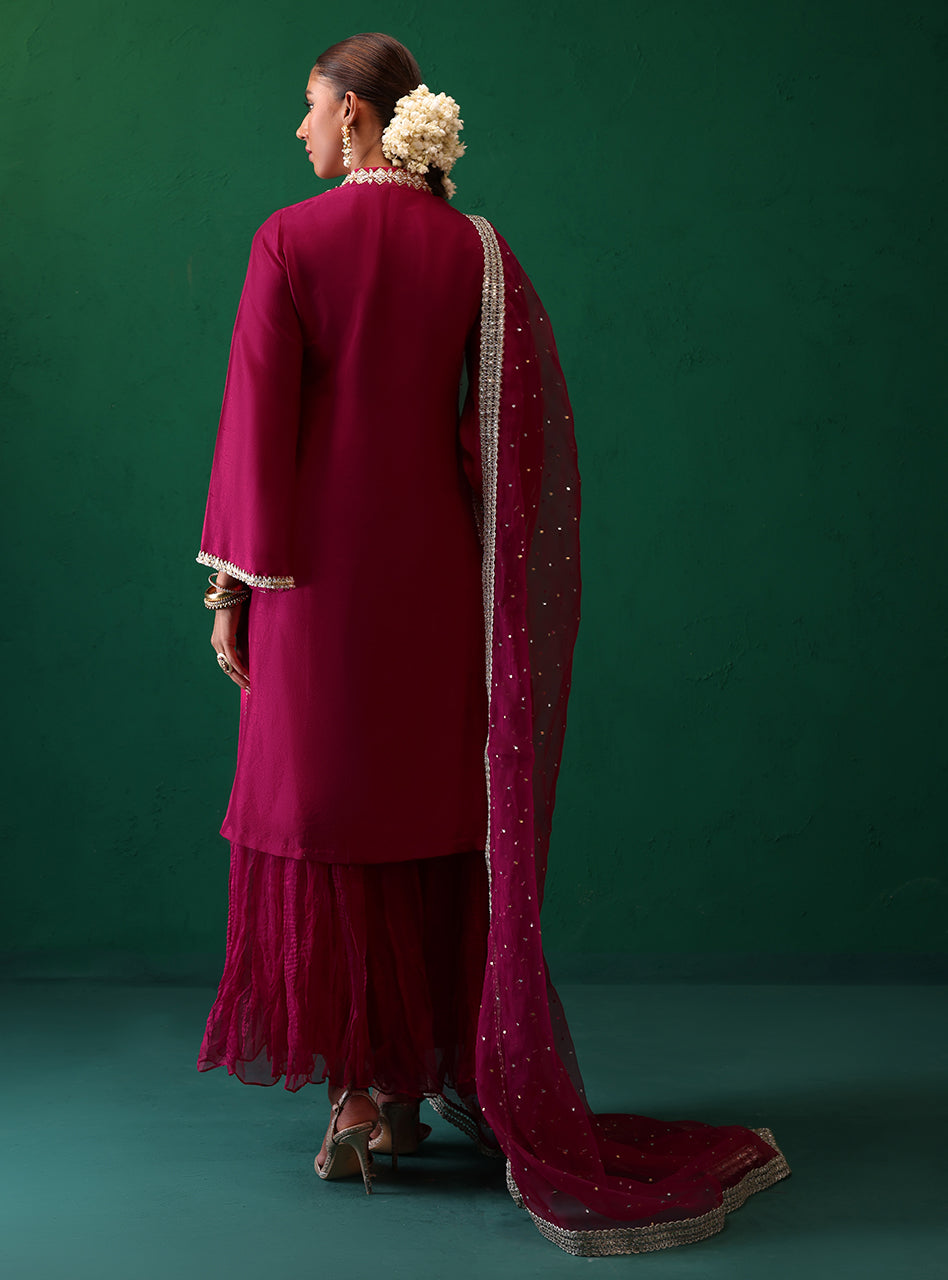 Deep Magenta Sequin Lace Rawsilk Salwar Kameez (3-Piece) - Image 3