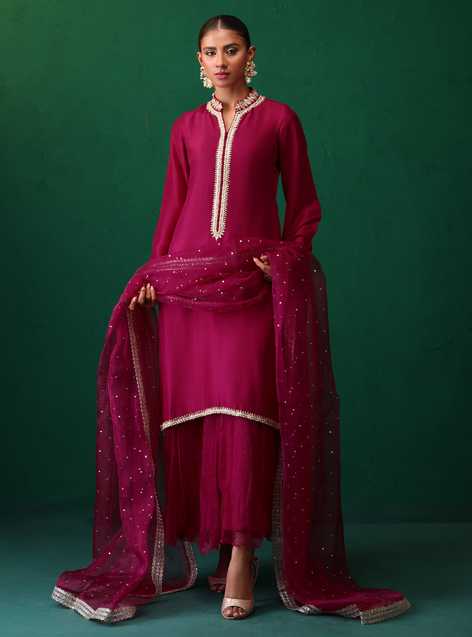 Deep Magenta Sequin Lace Rawsilk Salwar Kameez (3-Piece) - Image 4