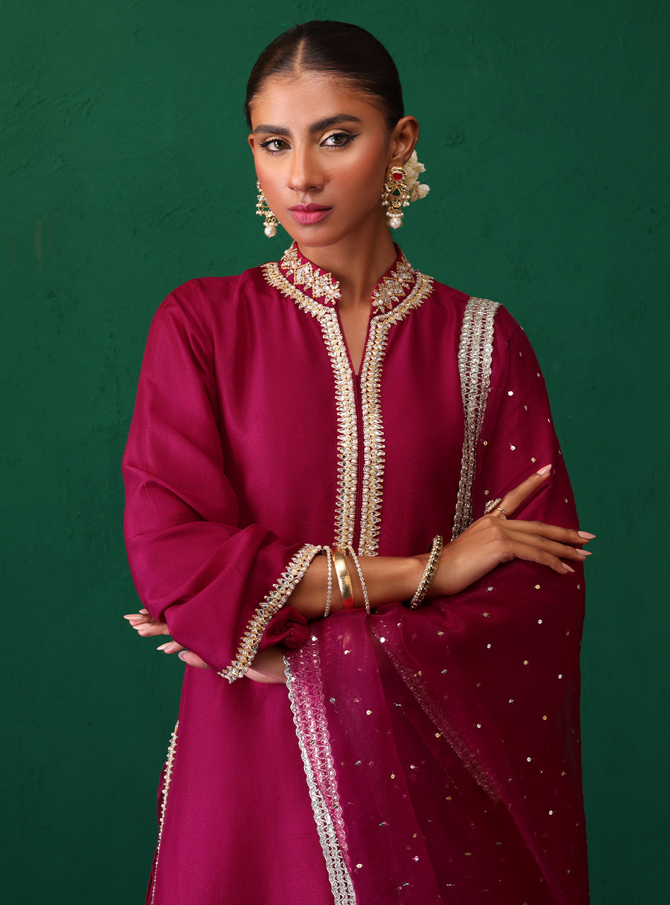 Deep Magenta Sequin Lace Rawsilk Salwar Kameez (3-Piece) - Image 6