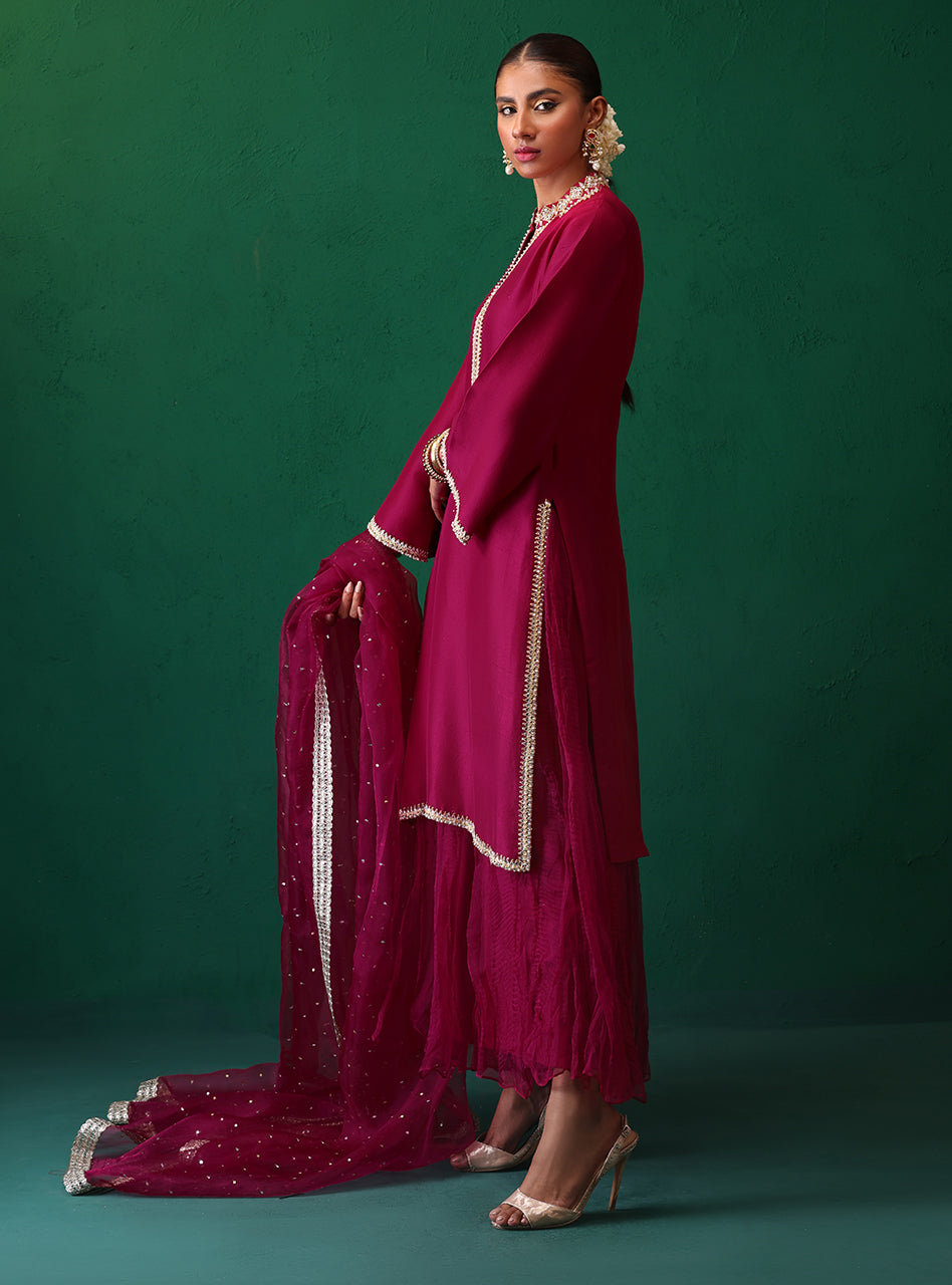Deep Magenta Sequin Lace Rawsilk Salwar Kameez (3-Piece) - Image 7