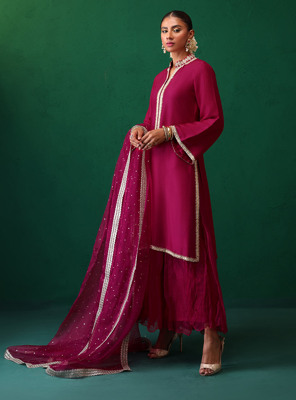 Deep Magenta Sequin Lace Rawsilk Salwar Kameez (3-Piece) - Image 8