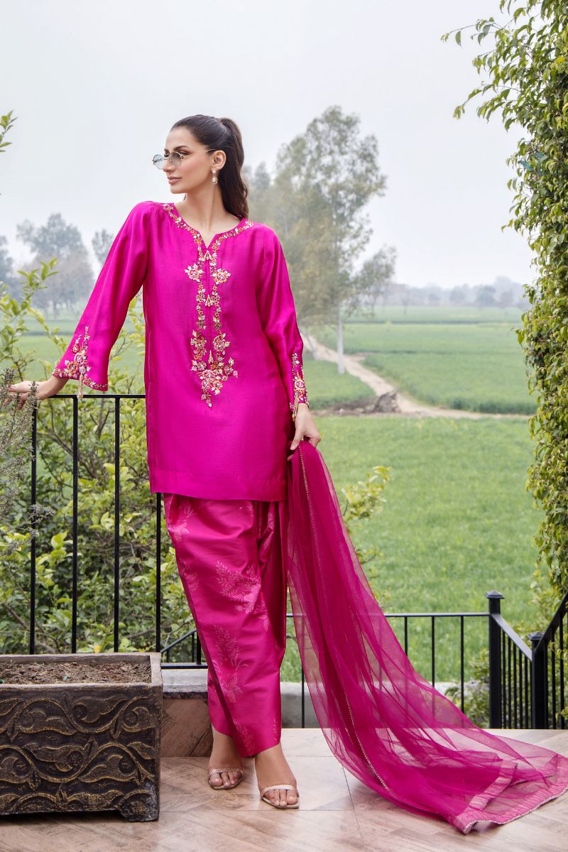 Magenta Embroidered Pure Silk Kurta Set (3-Piece) - Image 1