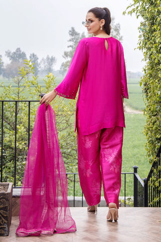 Magenta Embroidered Pure Silk Kurta Set (3-Piece) - Image 3