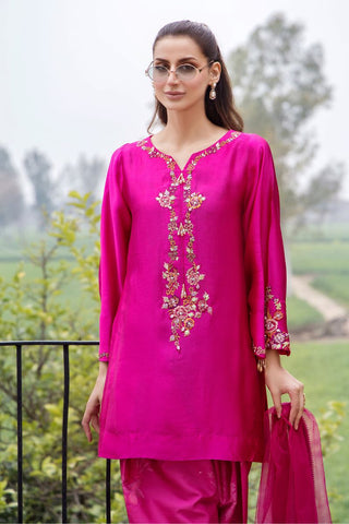 Magenta Embroidered Pure Silk Kurta Set (3-Piece) - Image 5