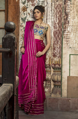 Pakistani Deep Magenta Chatta Patti Silk Saree (2-Piece) - Image 2