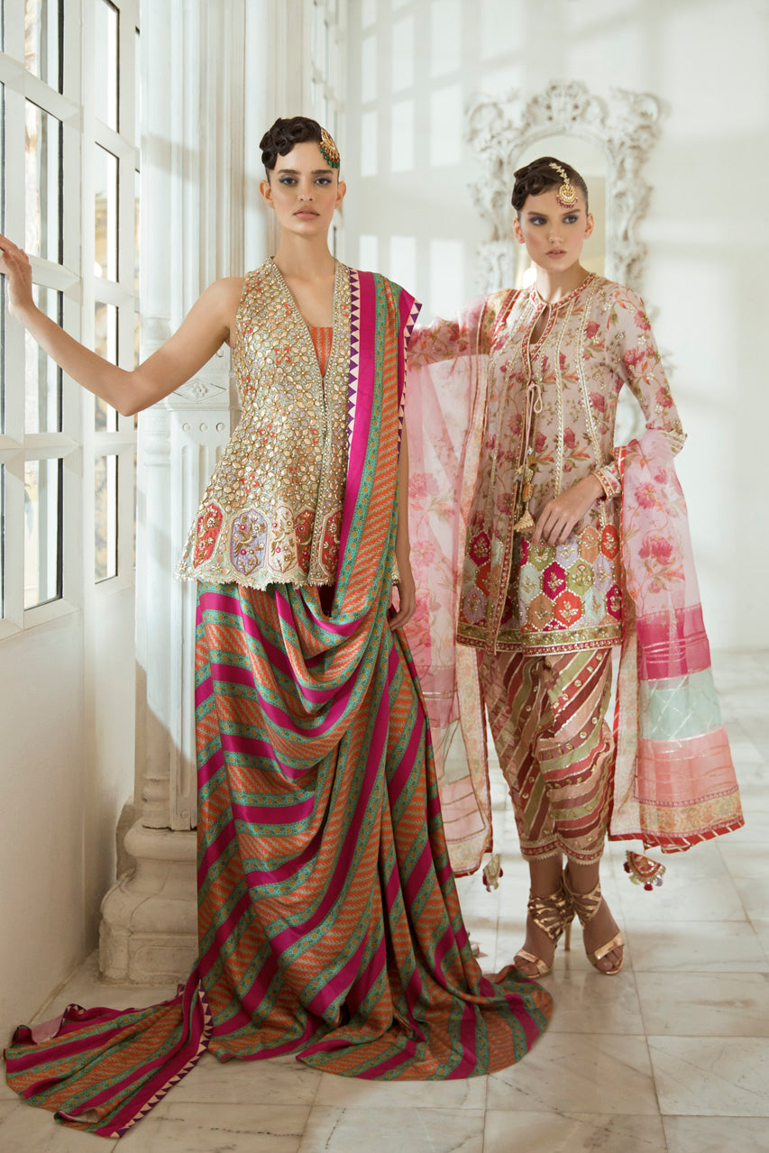 Magenta Mirror Work Cotton Net Peplum with Charmeuse Sari (2-Piece) - Image 4