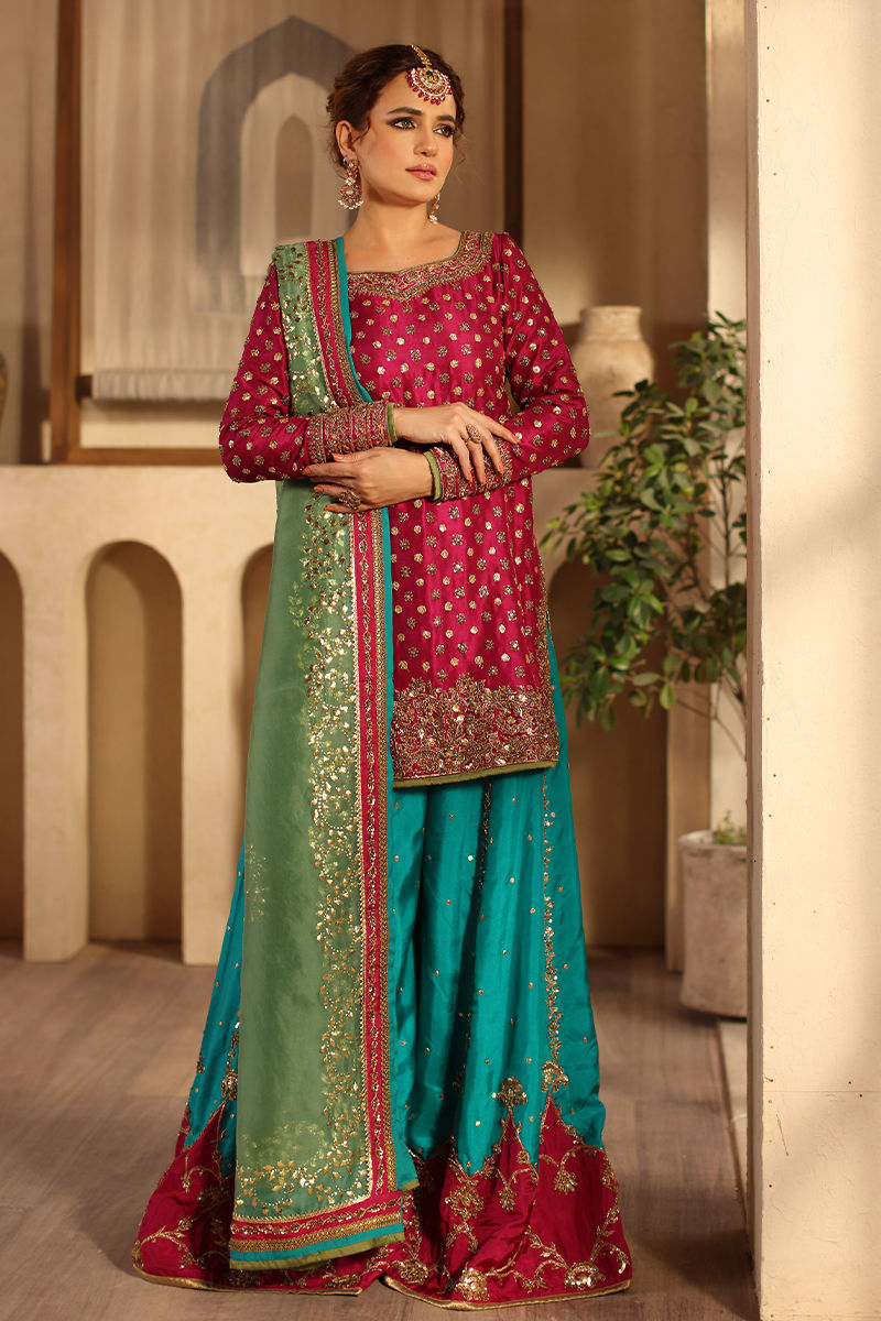 Magenta Embroidered Raw Silk Sharara (3-Piece) - Image 1