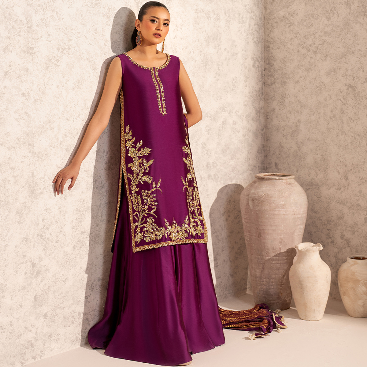 Pakistani Deep Magenta Embellished Tissue Silk Sharara (3-Piece) - Image 1