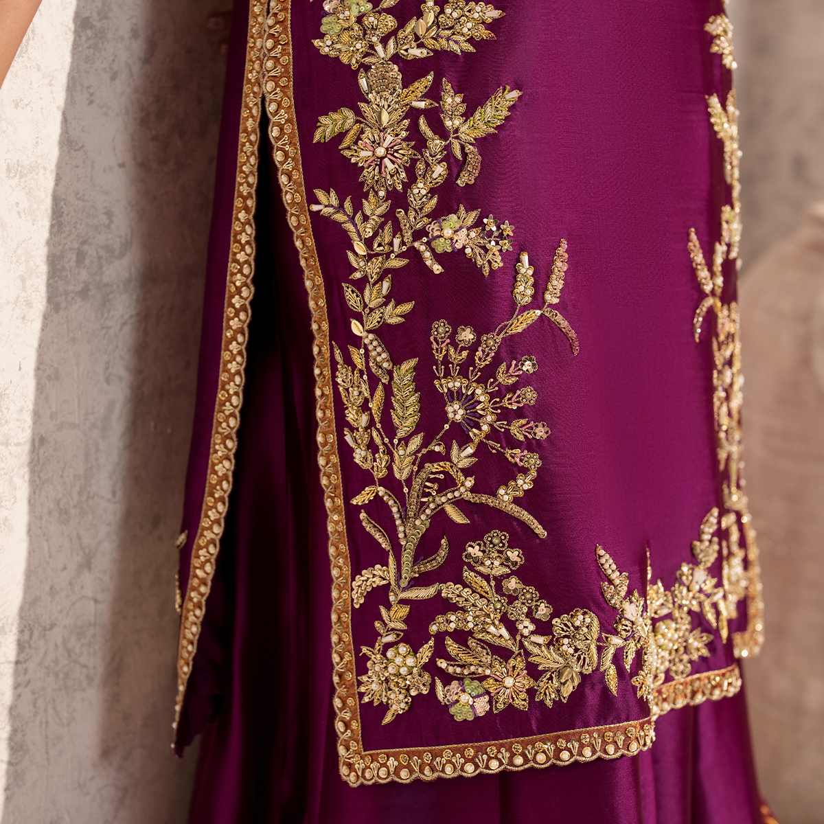 Pakistani Deep Magenta Embellished Tissue Silk Sharara (3-Piece) - Image 3