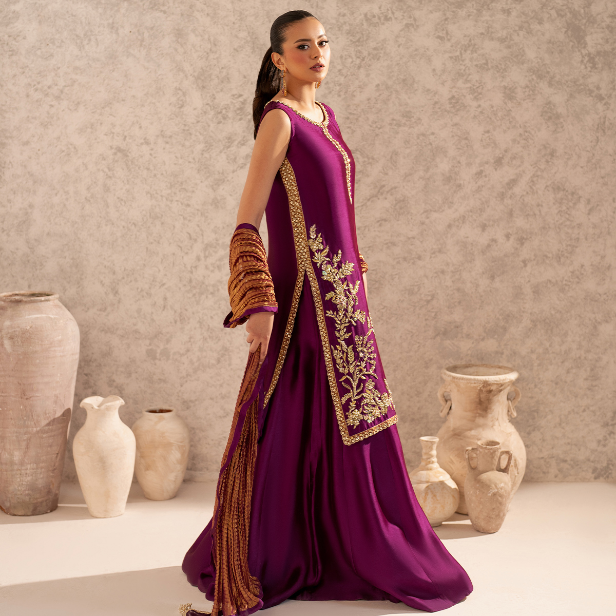 Pakistani Deep Magenta Embellished Tissue Silk Sharara (3-Piece) - Image 5