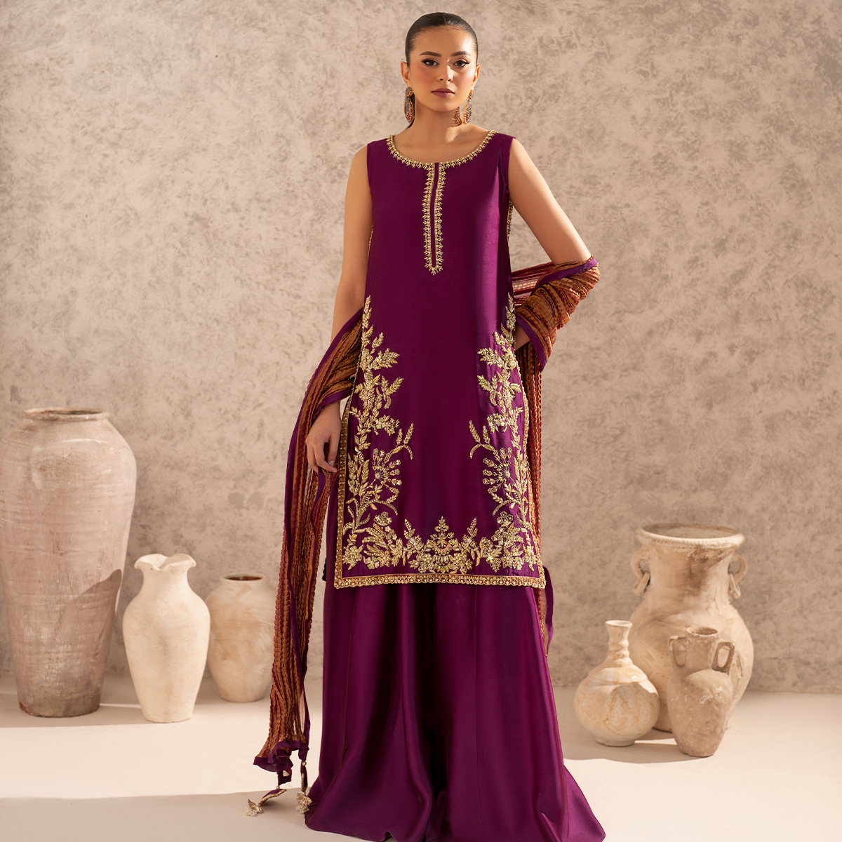 Pakistani Deep Magenta Embellished Tissue Silk Sharara (3-Piece) - Image 6