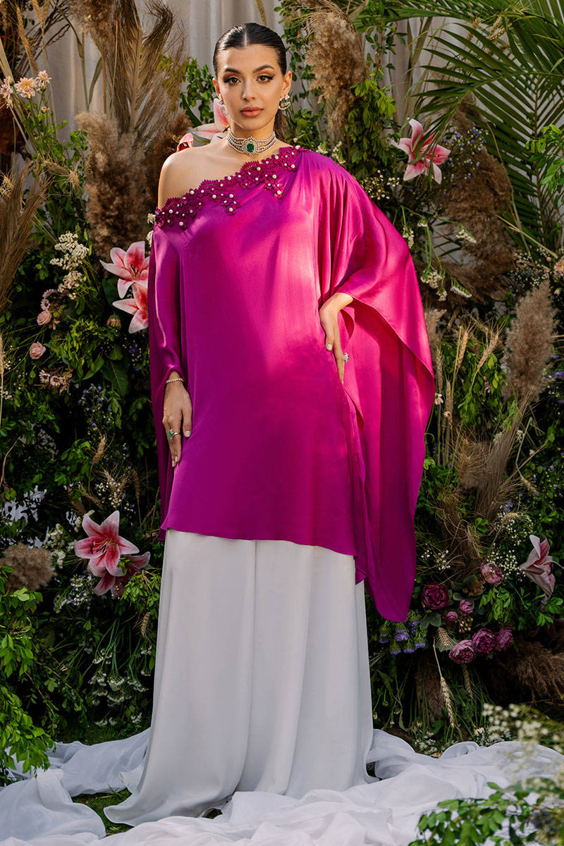 Magenta Beaded Satin Silk One-Shoulder Top (2-Piece) - Image 1