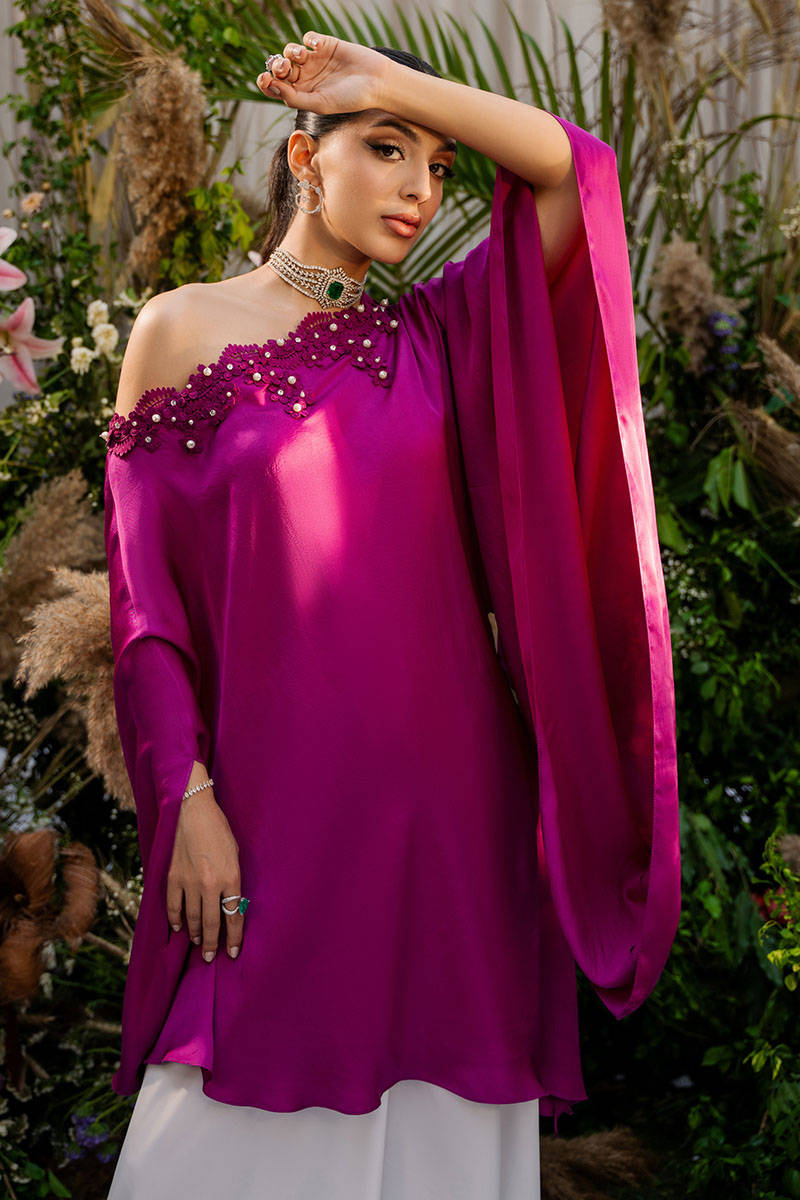 Magenta Beaded Satin Silk One-Shoulder Top (2-Piece) - Image 2