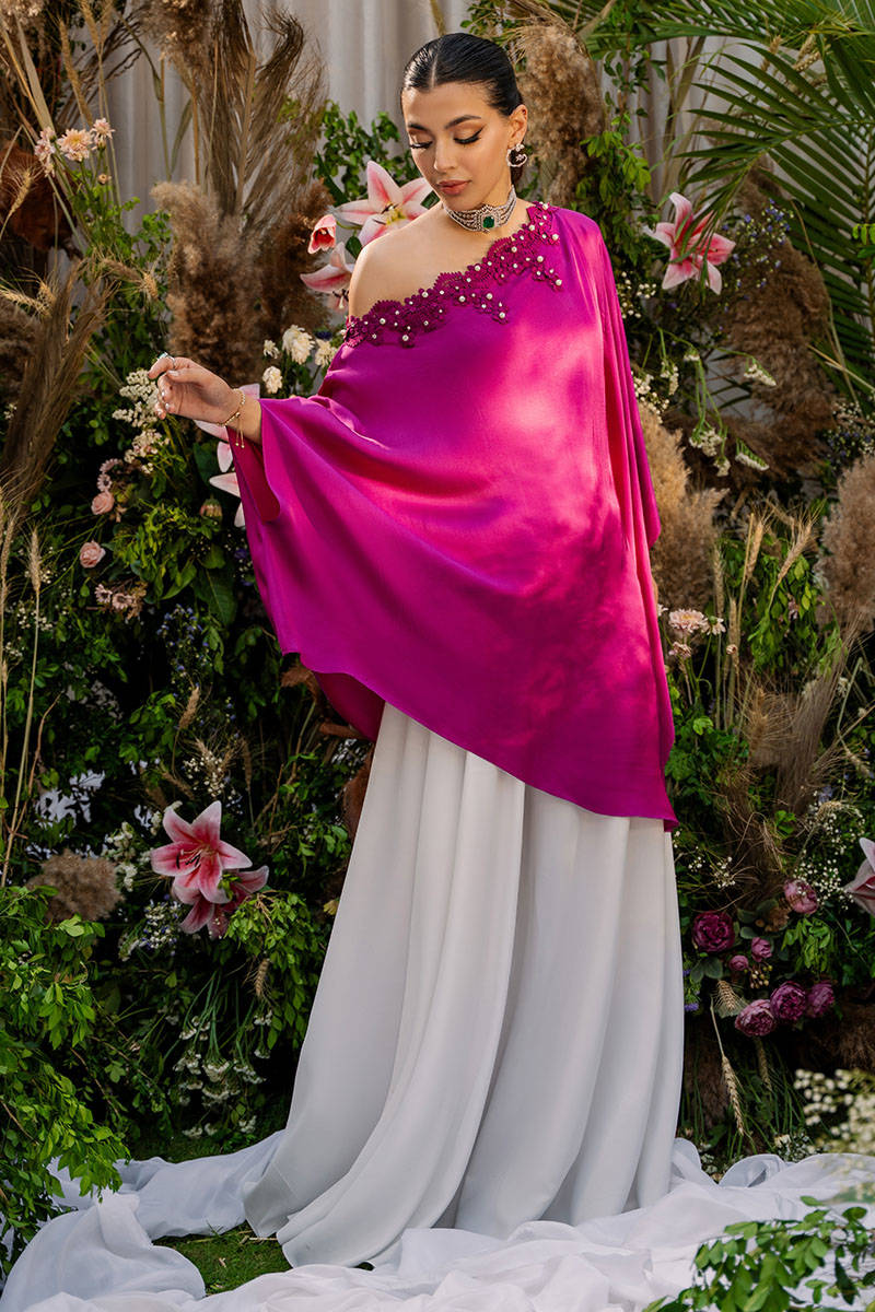 Magenta Beaded Satin Silk One-Shoulder Top (2-Piece) - Image 3
