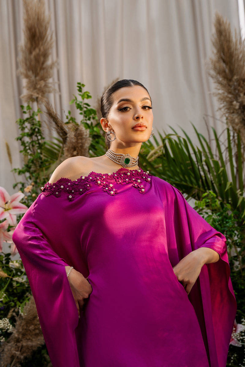 Magenta Beaded Satin Silk One-Shoulder Top (2-Piece) - Image 4