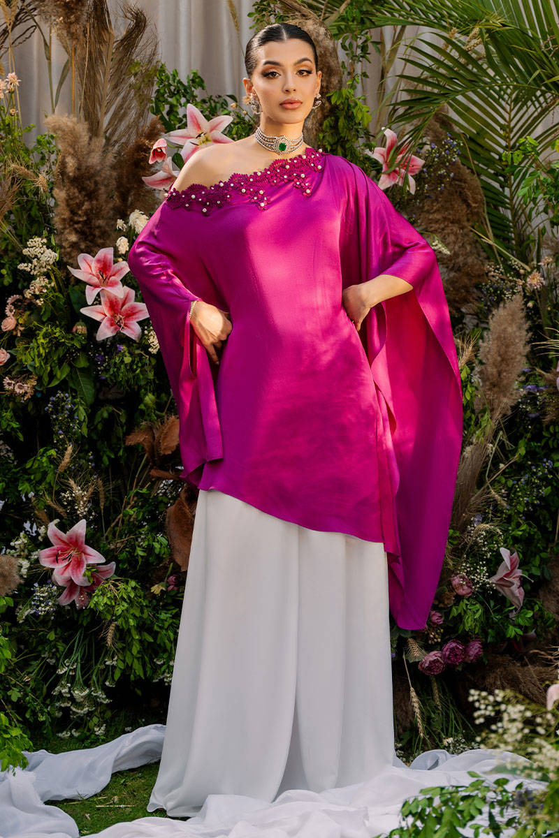 Magenta Beaded Satin Silk One-Shoulder Top (2-Piece) - Image 5