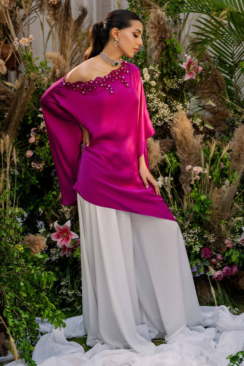Magenta Beaded Satin Silk One-Shoulder Top (2-Piece) - Image 6