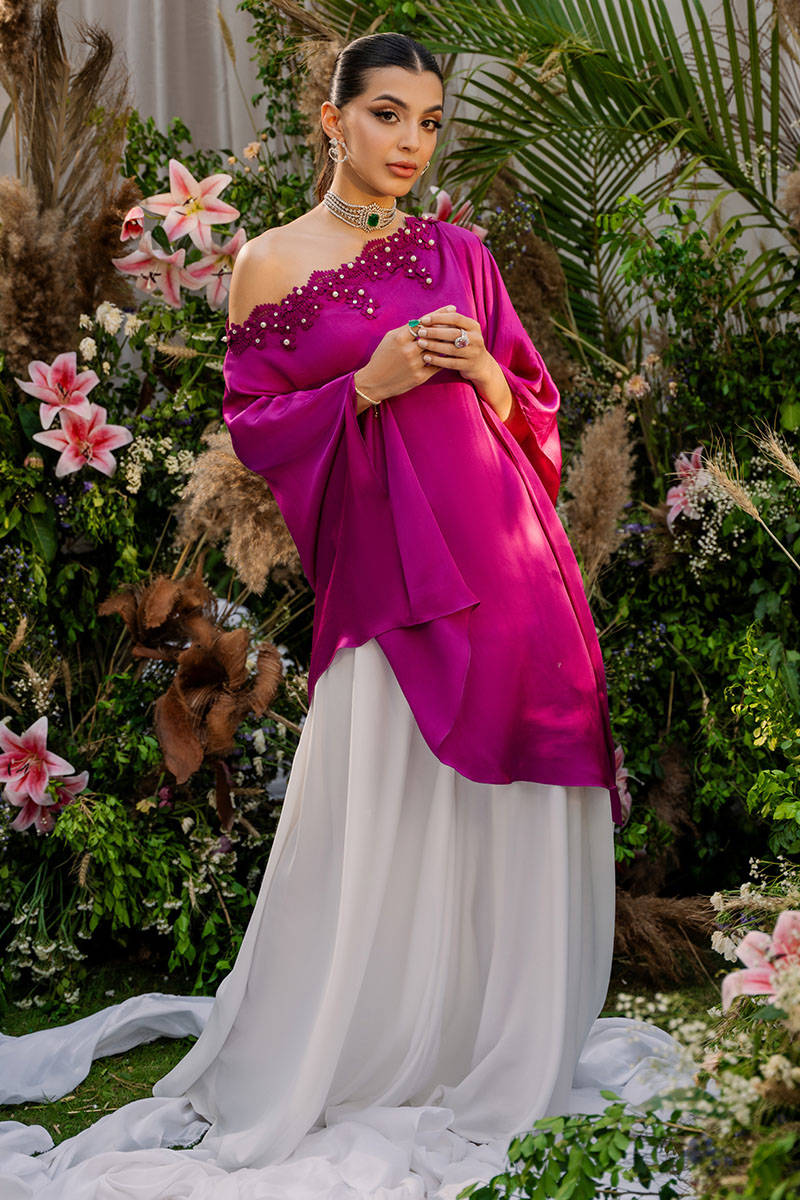 Magenta Beaded Satin Silk One-Shoulder Top (2-Piece) - Image 7