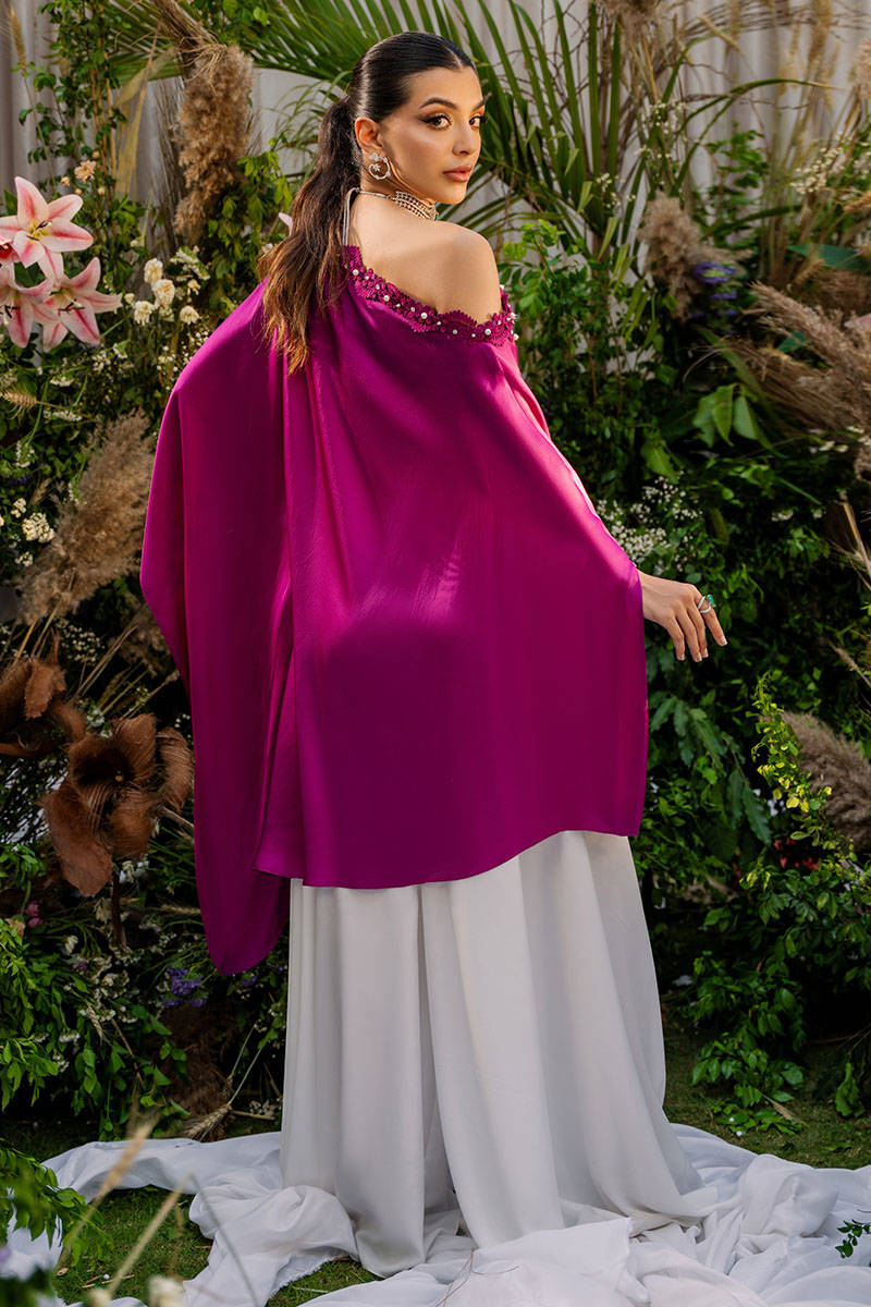 Magenta Beaded Satin Silk One-Shoulder Top (2-Piece) - Image 8
