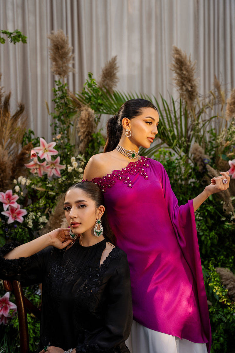 Magenta Beaded Satin Silk One-Shoulder Top (2-Piece) - Image 9