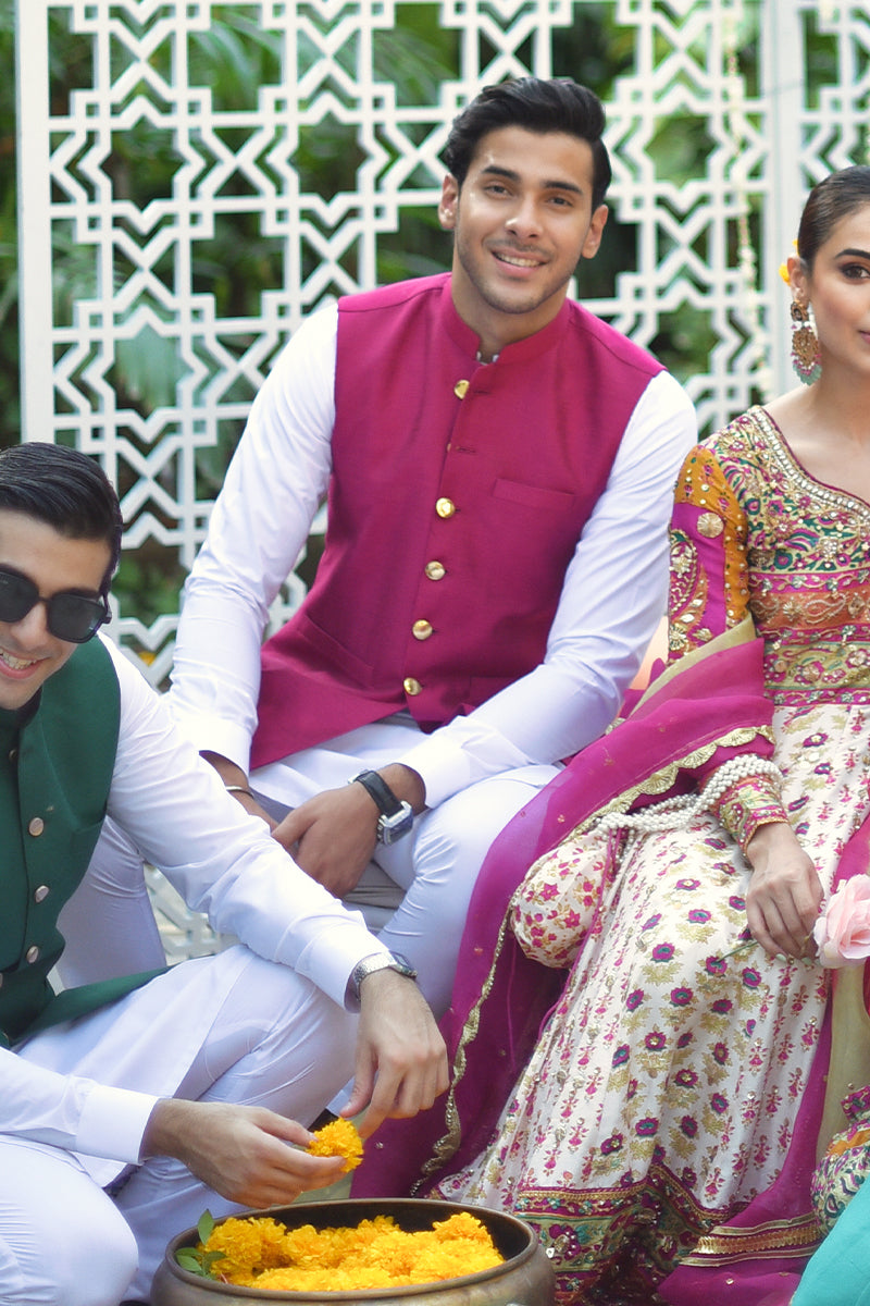 Deep Magenta Katan Cotton Waistcoat (3-Piece) - Image 1