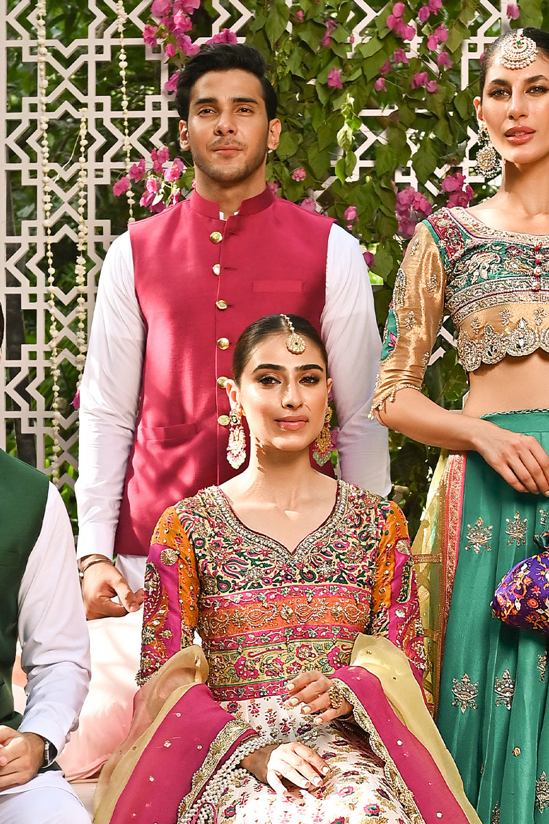 Deep Magenta Katan Cotton Waistcoat (3-Piece) - Image 3