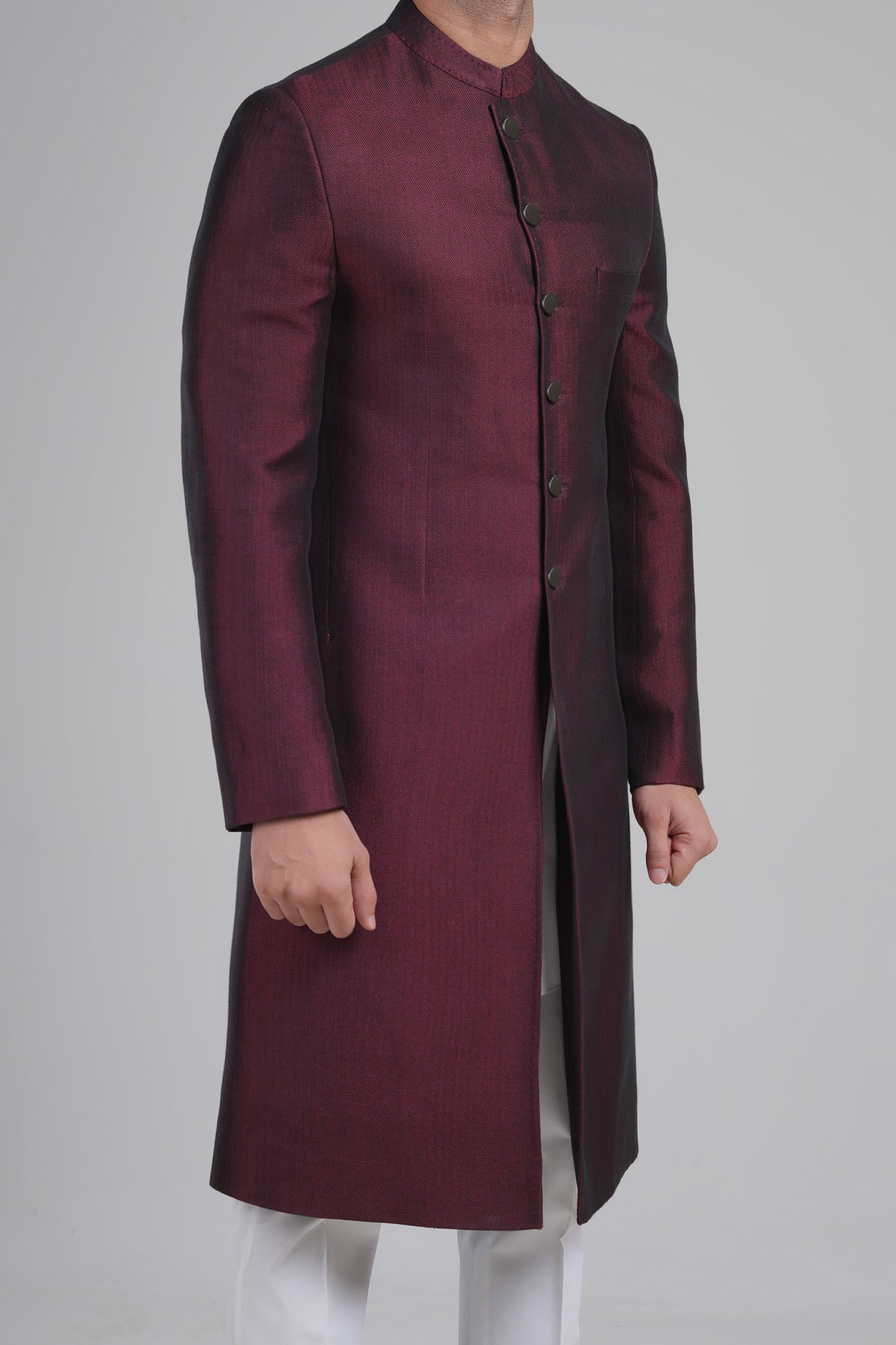 Maroon Handloomed Fabric Sherwani (1-Pc) - Image 1