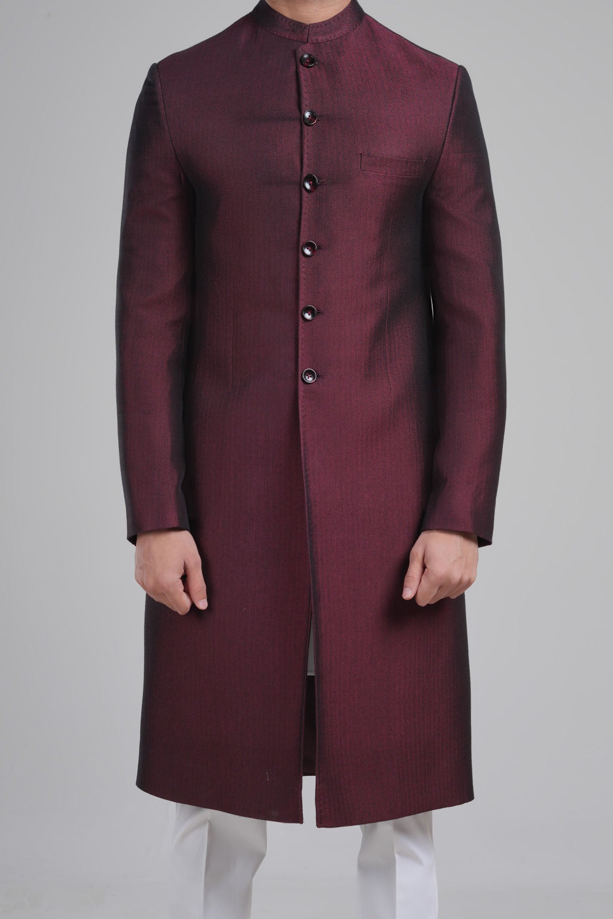 Maroon Handloomed Fabric Sherwani (1-Pc) - Image 2