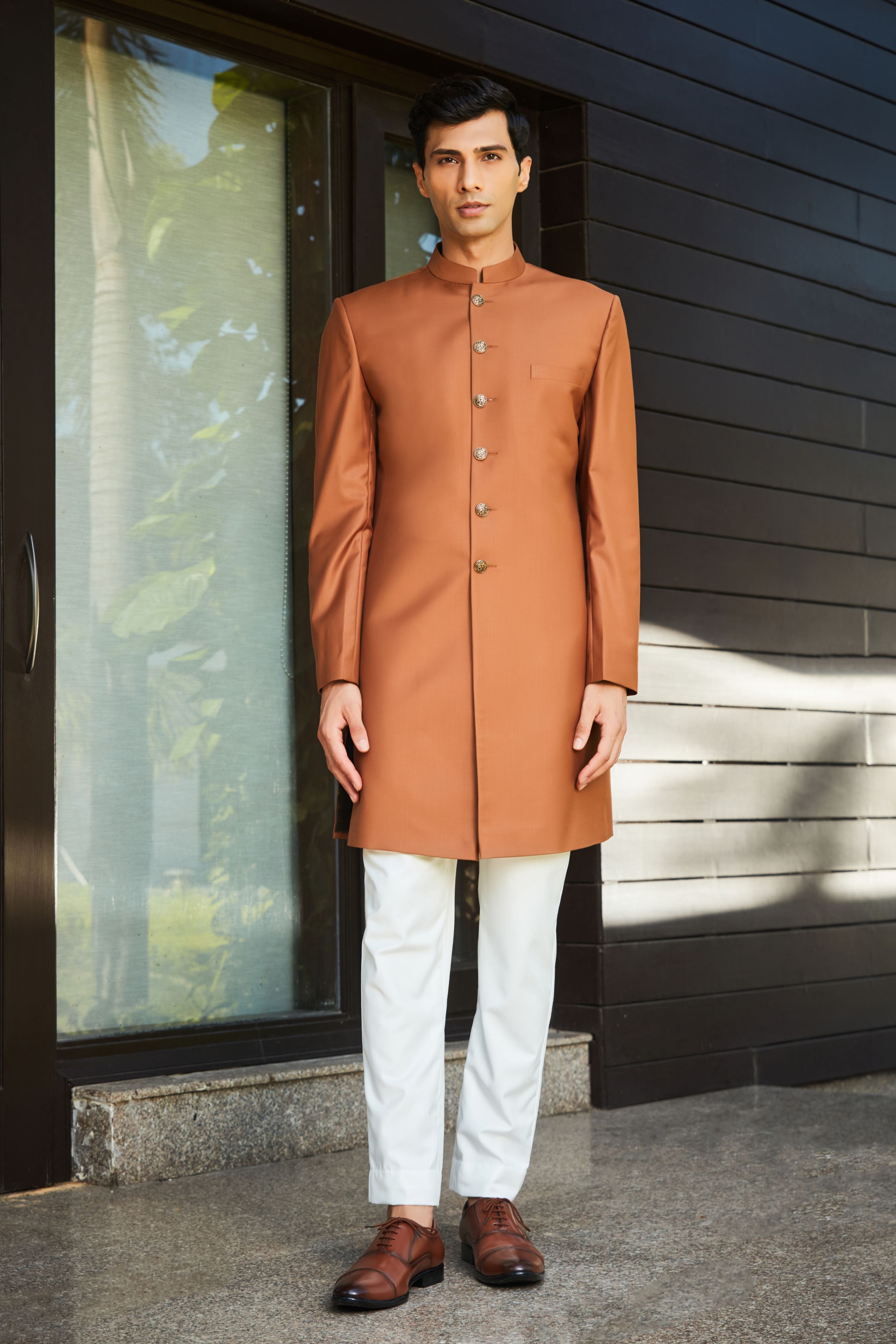Rust Terrywool Achkan with Milky White Pants (2-Piece) - Image 1