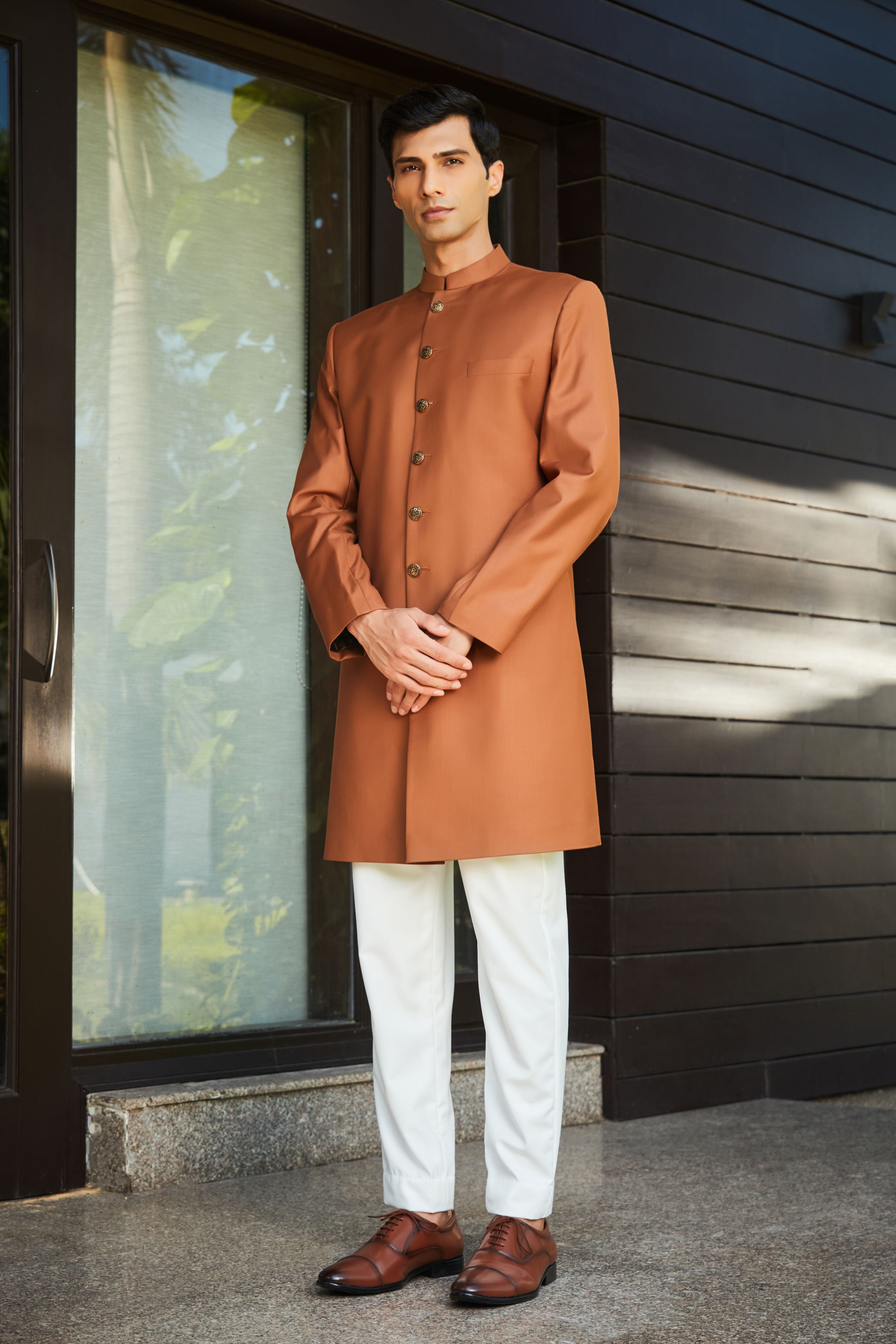 Rust Terrywool Achkan with Milky White Pants (2-Piece) - Image 3