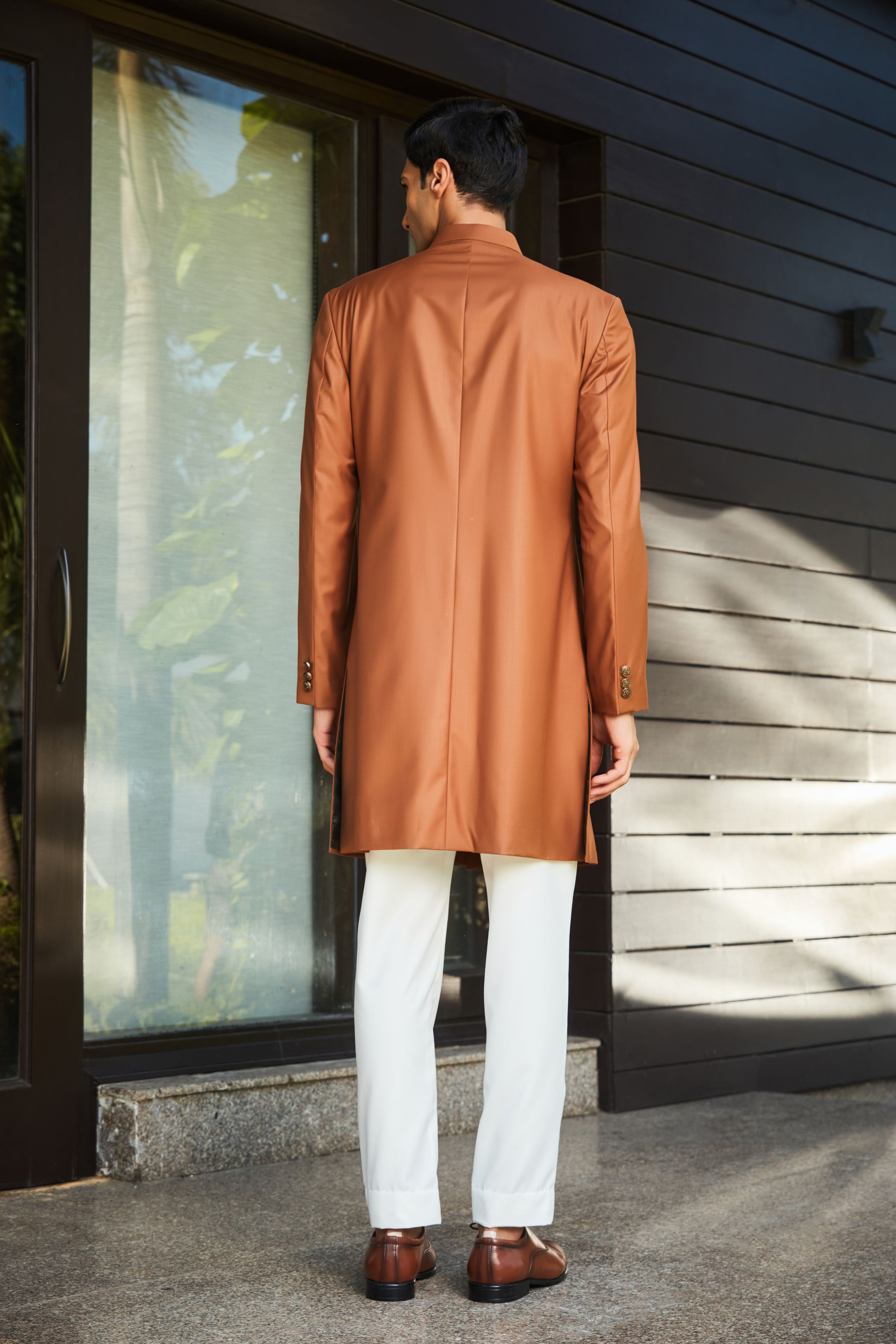 Rust Terrywool Achkan with Milky White Pants (2-Piece) - Image 4