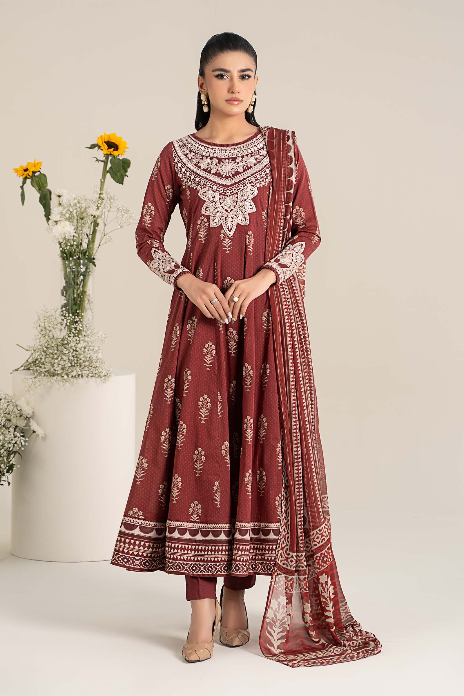 Pakistani Maroon Embroidered Lawn Anarkali Dress (3-Piece) - Image 1