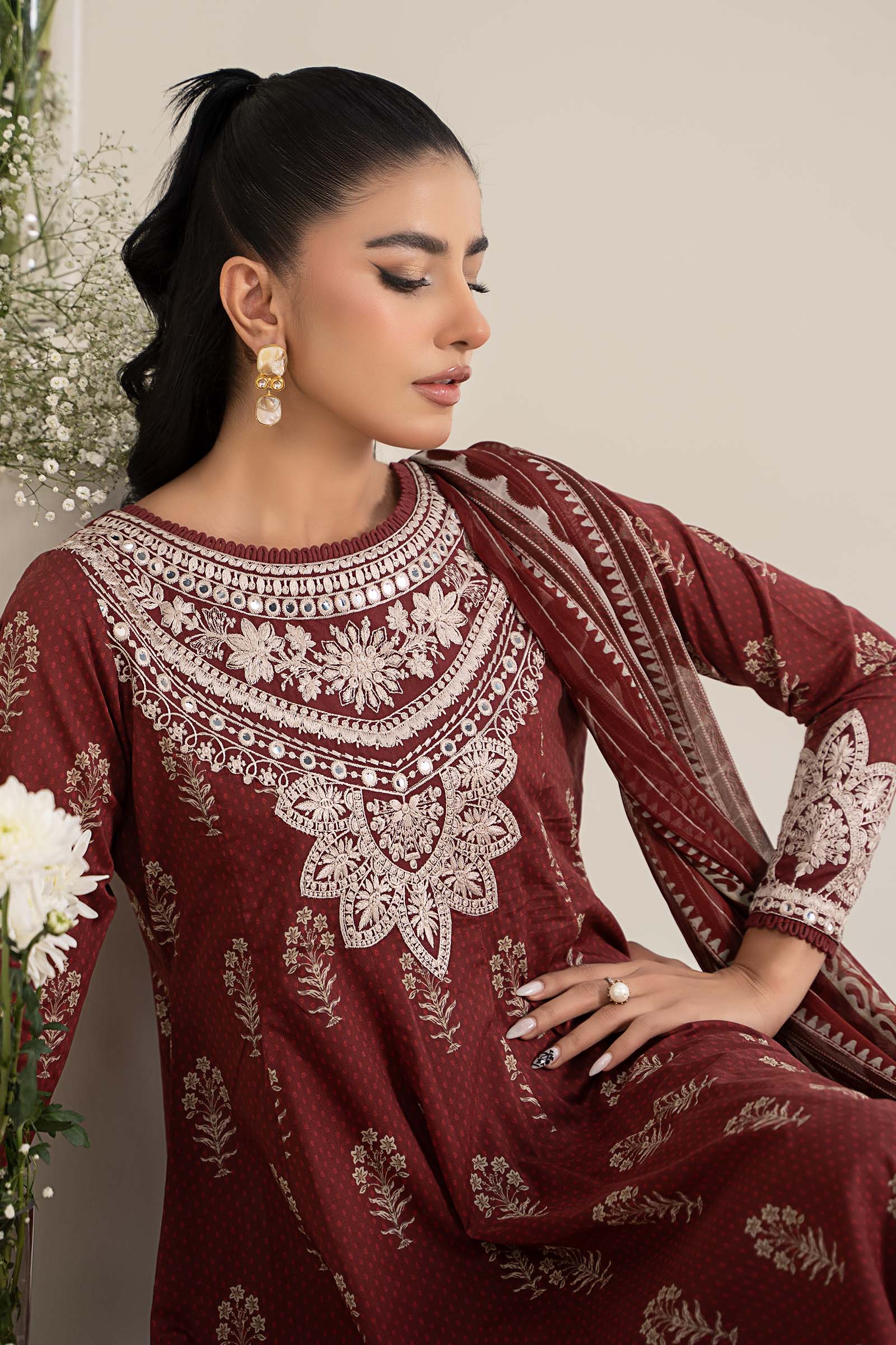 Pakistani Maroon Embroidered Lawn Anarkali Dress (3-Piece) - Image 2